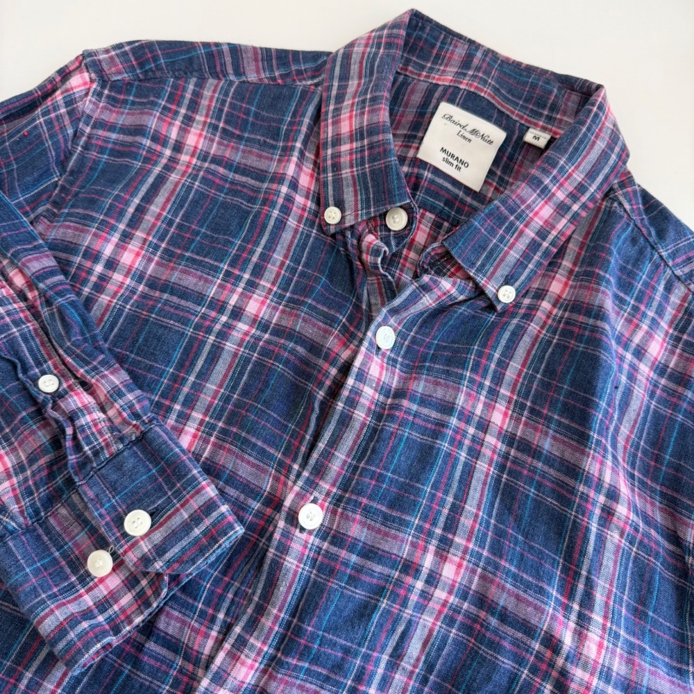Baird McNutt Linen Murano Slim Fit Pink Blue Plaid Long Sleeve Button Men Medium